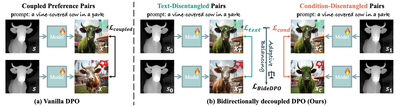 Method overview: bidirectionally decoupled DPO with adaptive balancing